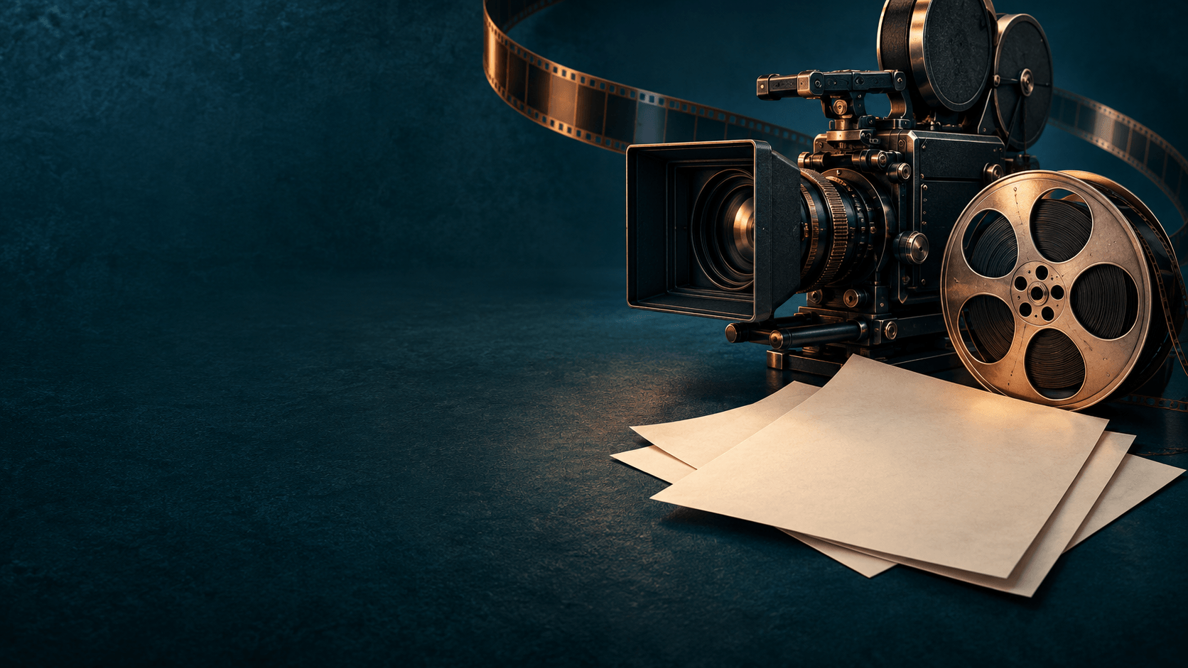 Editorial illustration of a film camera, reel and blank papers representing a proposed film-production tax credit.