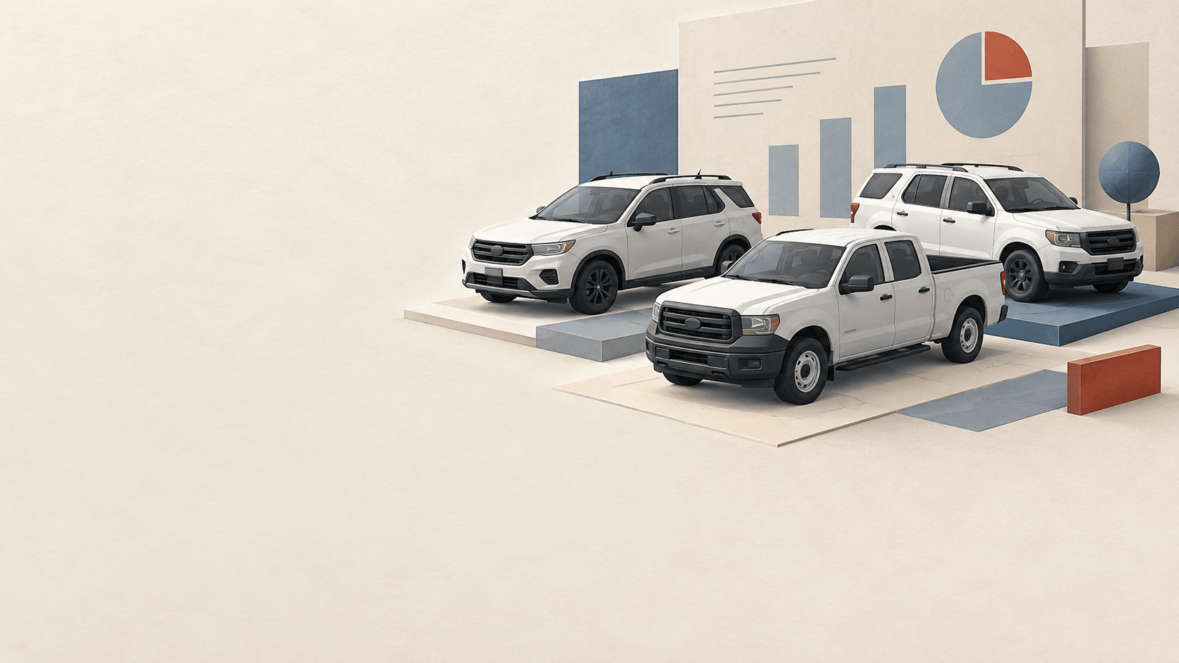 Editorial illustration of generic SUVs and a pickup with abstract budget shapes; no actual city vehicles or spending data depicted.