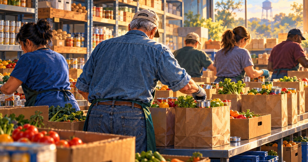 Original symbolic editorial illustration of anonymous East Texas food-bank volunteers packing produce and shelf-stable food in a bright community pantry.