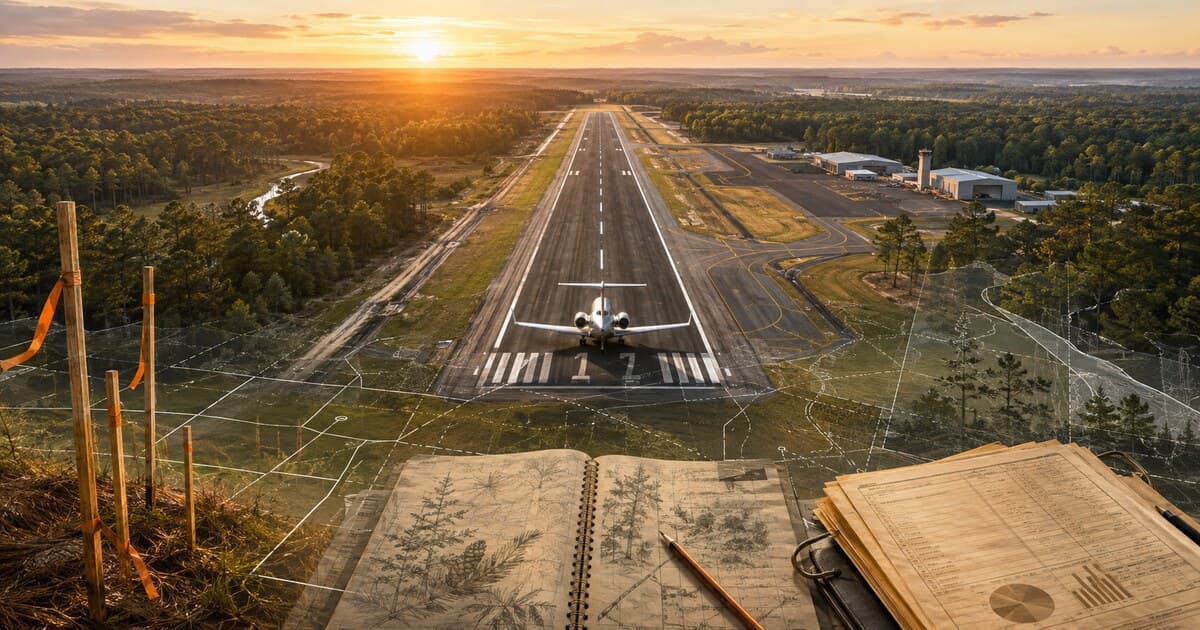 Original symbolic editorial illustration of an East Texas airport runway, business jet, survey stakes, environmental field notes and public-budget plans.