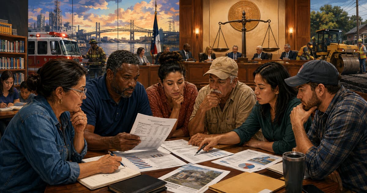 Original editorial illustration of anonymous Beaumont residents reviewing a city budget at a public meeting, with municipal services and a balance scale behind them.