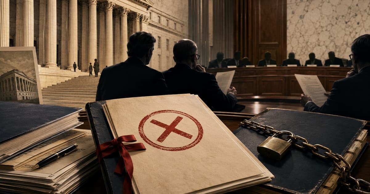 Original editorial illustration of anonymous officials reviewing a canceled federal fund file between Justice Department architecture and a Senate hearing room.