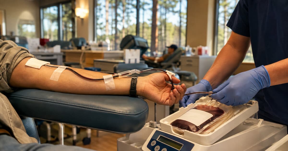 An anonymous adult donates blood while a clinician handles the collection bag in an East Texas clinic, shown as an original editorial image.