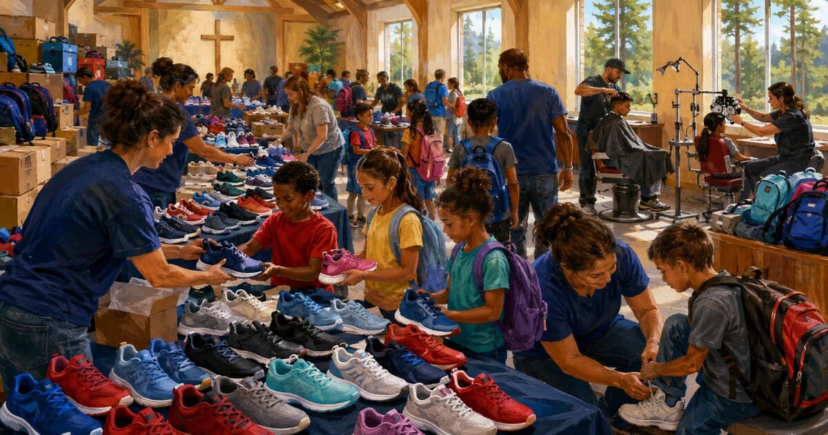 Original symbolic editorial illustration of anonymous East Texas volunteers helping schoolchildren choose new athletic shoes, with haircuts and vision screening in a full-frame community hall scene.