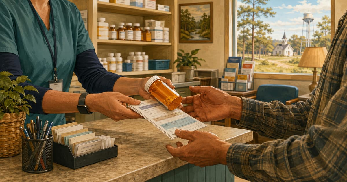 Original editorial illustration of an anonymous East Texas nonprofit worker handing prescription assistance paperwork and medication to an adult patient at a rural clinic counter.