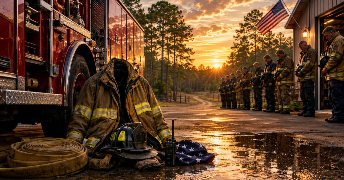 Original symbolic editorial tribute showing an empty volunteer-firefighter coat and helmet beside a rural East Texas fire engine as anonymous firefighters stand in honor; it does not depict Dan Hernandez.