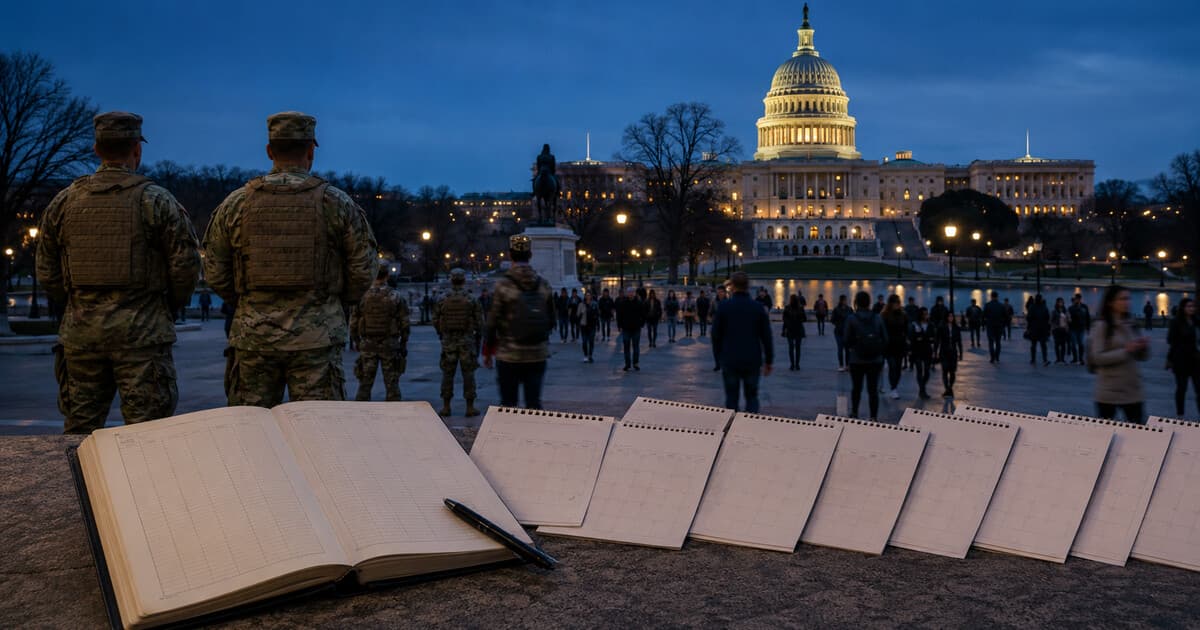 Original symbolic editorial illustration of anonymous National Guard members near the U.S. Capitol, with a long calendar timeline and budget ledger integrated across a full-frame Washington scene.