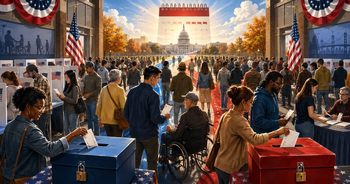 Original symbolic editorial illustration of diverse anonymous voters casting primary ballots as red and blue paths converge toward the U.S. Capitol and November.