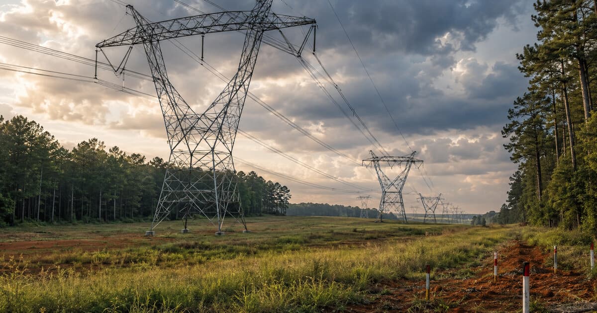 Editorial illustration of extra-high-voltage transmission towers crossing a pine-edged East Texas pasture.