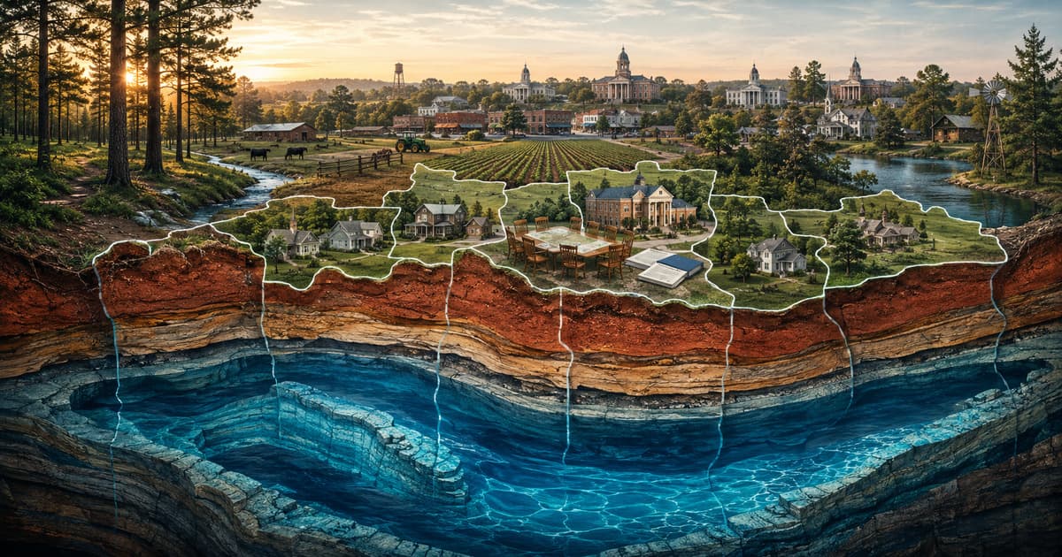 Original editorial illustration of East Texas farms, towns and county courthouses sharing the blue Carrizo-Wilcox Aquifer beneath red soil.