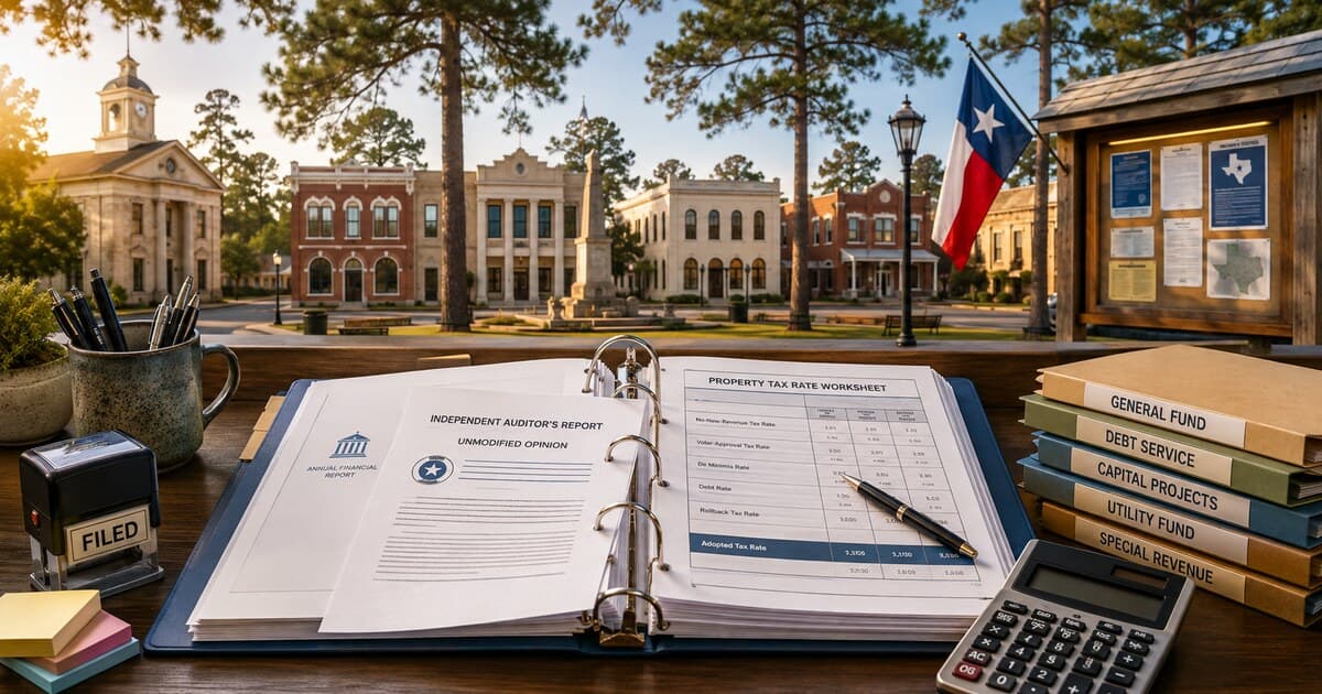 Original editorial illustration of an East Texas city-hall counter with an open municipal audit, tax-rate worksheet, calculator and courthouse buildings across a pine-lined town square.