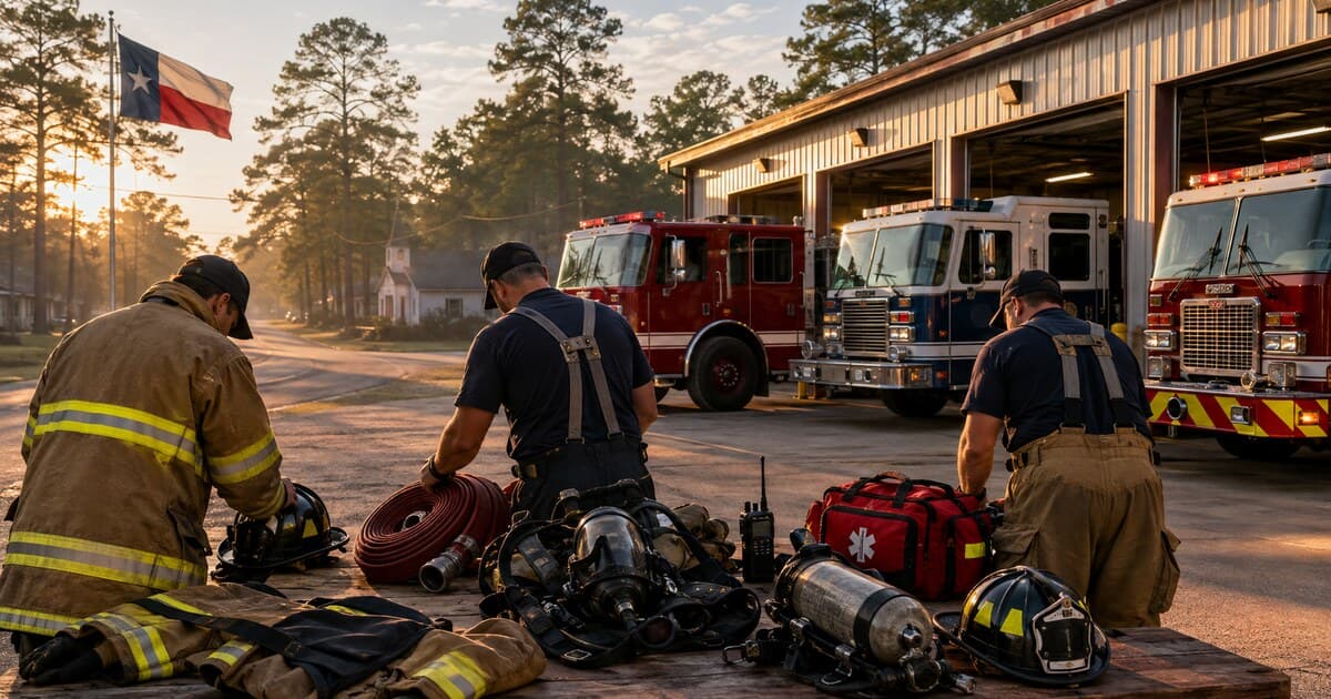 Original editorial illustration of three anonymous East Texas volunteer firefighters checking equipment beside rural fire engines at a fully occupied, pine-lined station yard.