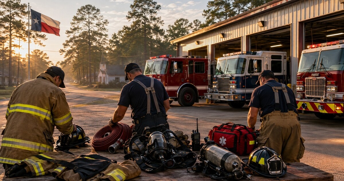 Original editorial illustration of three anonymous East Texas volunteer firefighters checking equipment beside rural fire engines at a fully occupied, pine-lined station yard.