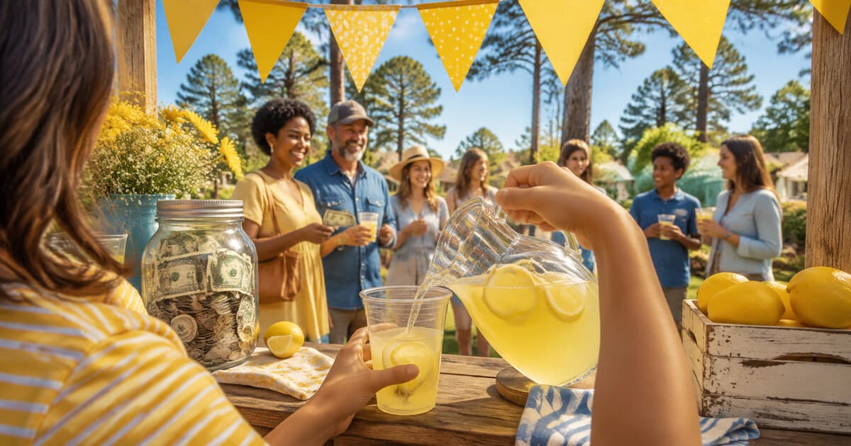 Original symbolic editorial illustration of an anonymous child pouring lemonade beside a donation jar as East Texas neighbors support a community fundraiser.