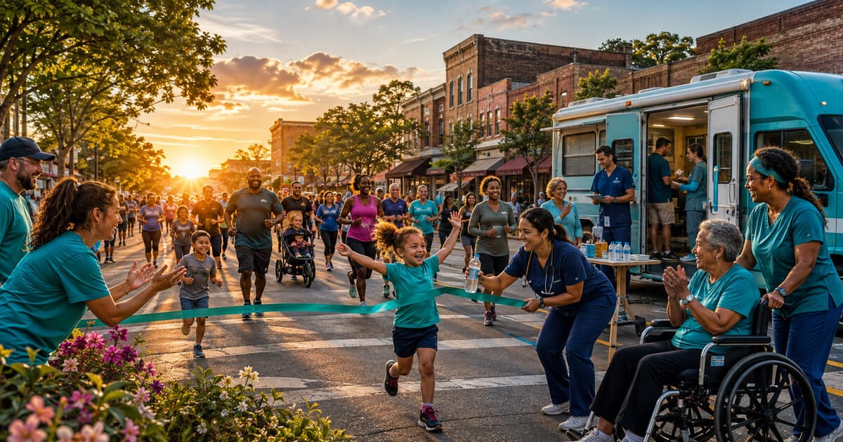 Original symbolic editorial illustration of diverse anonymous East Texas families, runners and health workers moving together past a community clinic in a full-frame sunrise scene.