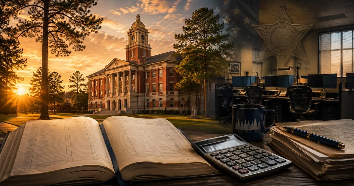 Original symbolic editorial illustration of an East Texas courthouse, public budget ledger, calculator and vacant county workstations representing staffing pressure.