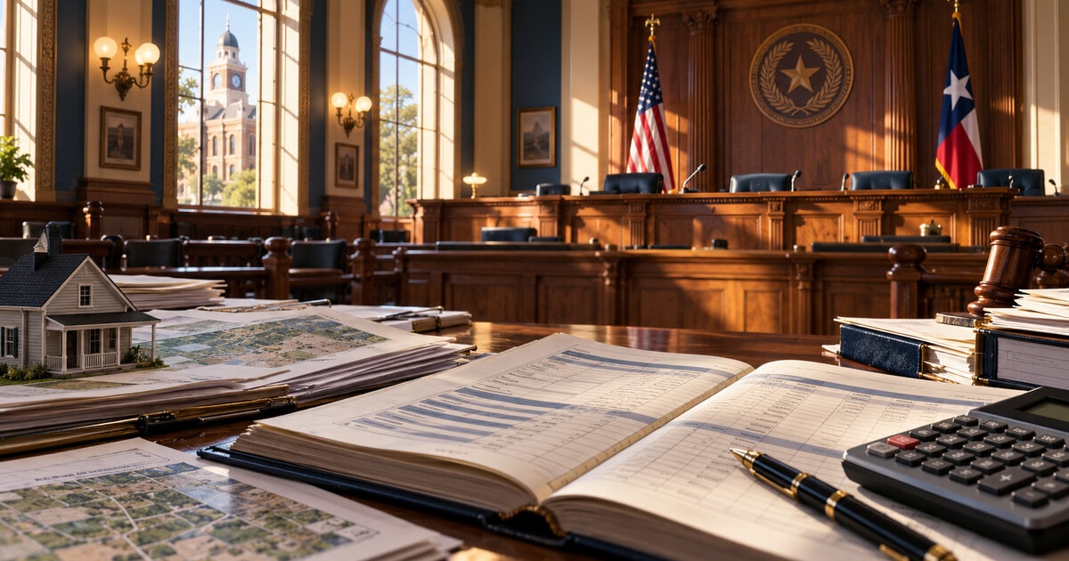 Original symbolic editorial illustration of an East Texas courthouse, a property-tax ledger marked 0.3585 and a calculator on a full-frame desk scene.