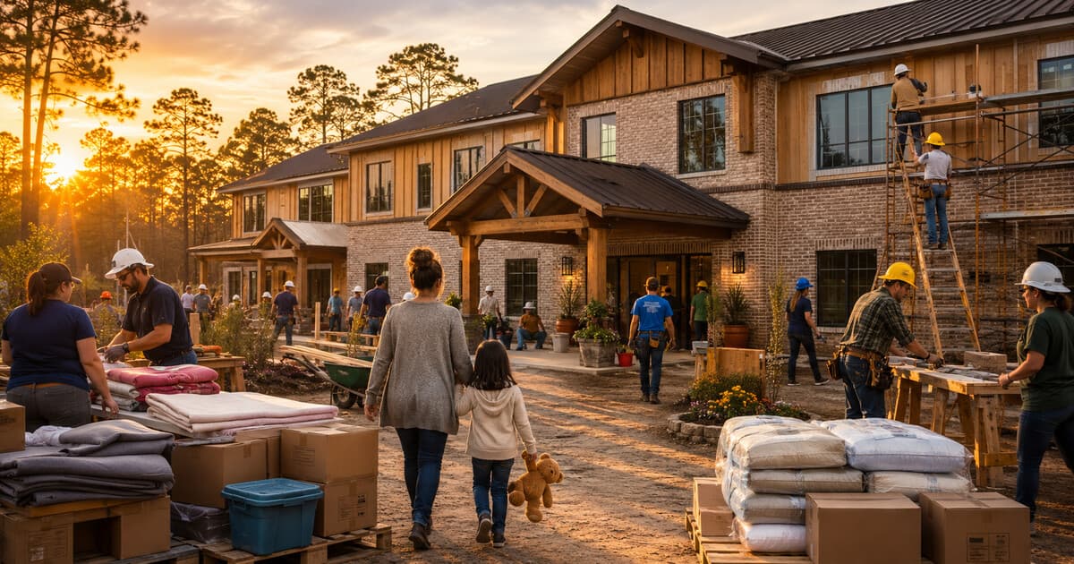 Original symbolic editorial illustration of anonymous East Texas volunteers and construction workers building a welcoming women-and-family residence hall as a mother and child approach.
