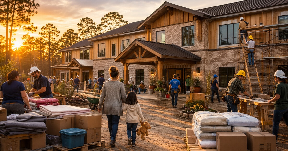 Original symbolic editorial illustration of anonymous East Texas volunteers and construction workers building a welcoming women-and-family residence hall as a mother and child approach.