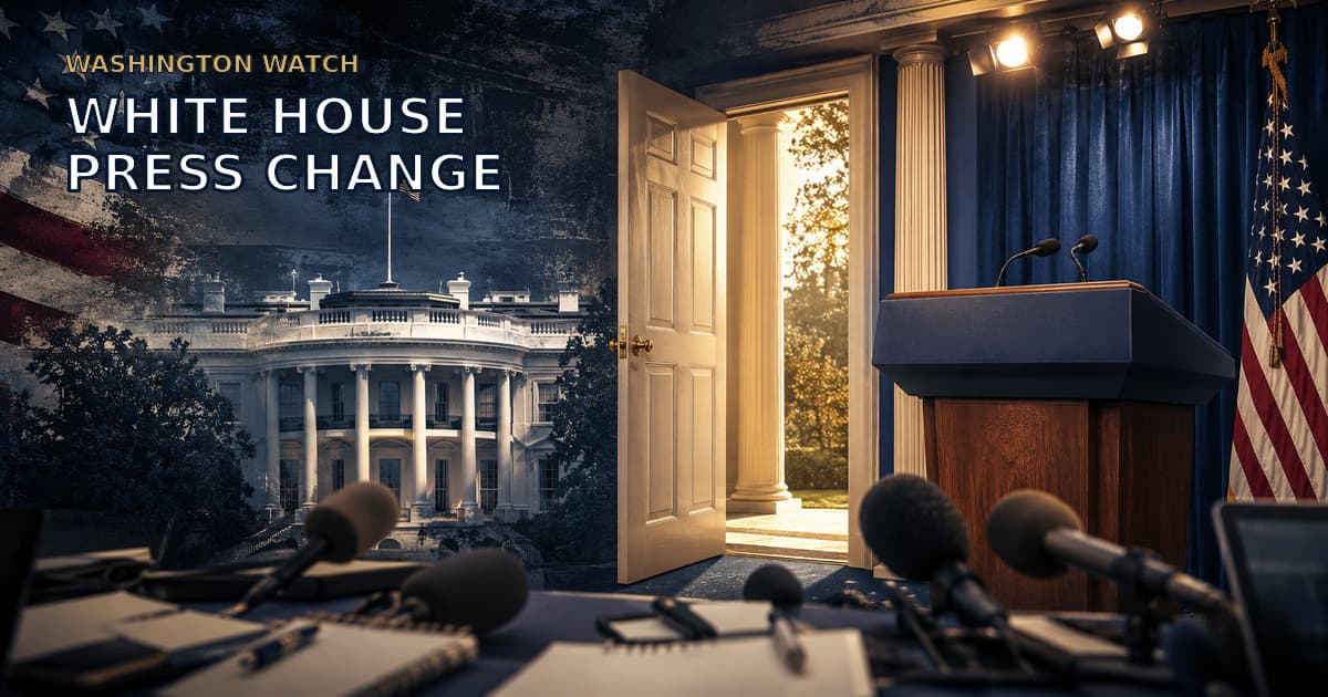 Original symbolic editorial illustration of an empty White House press podium, microphones and an open doorway beneath the words White House Press Change.