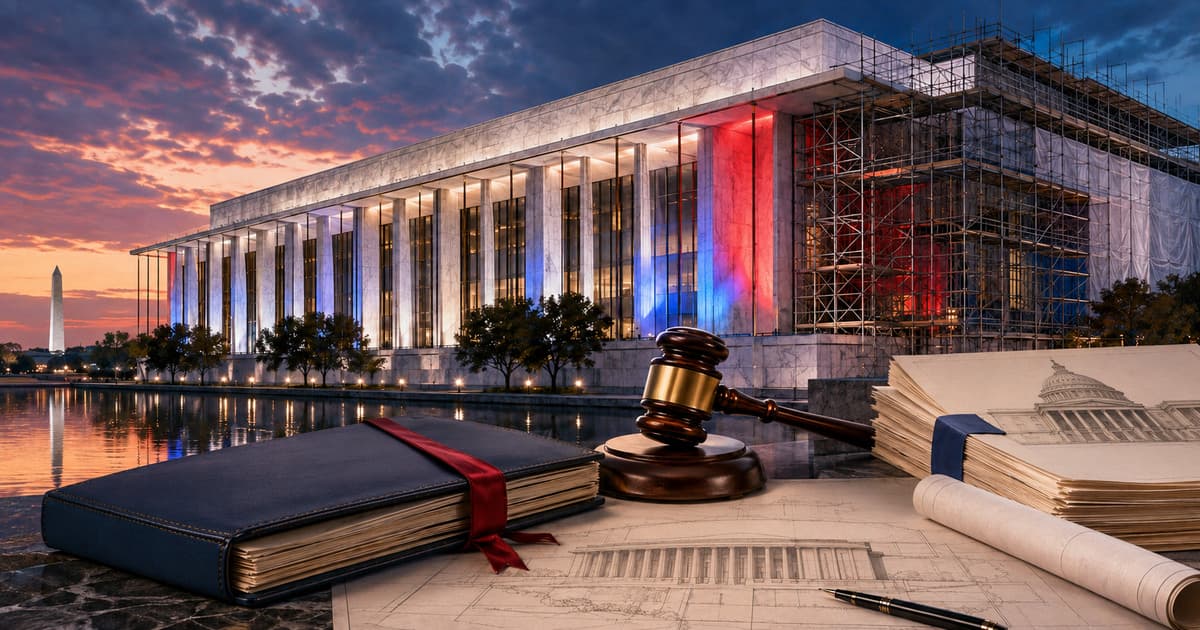 Original symbolic editorial illustration of a modern Washington performing-arts complex under scaffolding with an unlabeled legal folder, gavel and architectural plans.