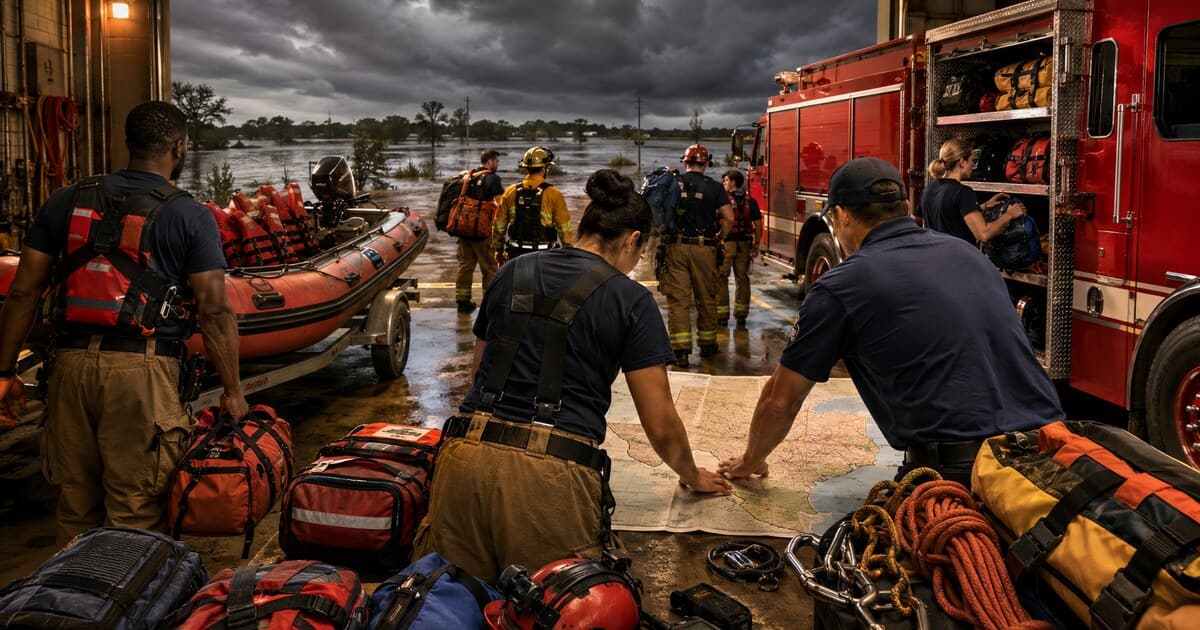 Original symbolic editorial illustration of anonymous firefighters preparing a rescue boat, medical packs, rope gear and a Texas map for a statewide emergency deployment.