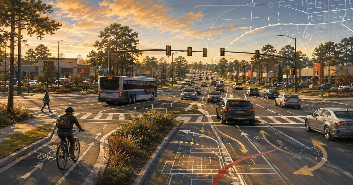 Original symbolic editorial illustration of a busy East Texas commercial corridor with cars, a city bus, a pedestrian, a bicyclist and planning-map overlays across a full-frame scene.