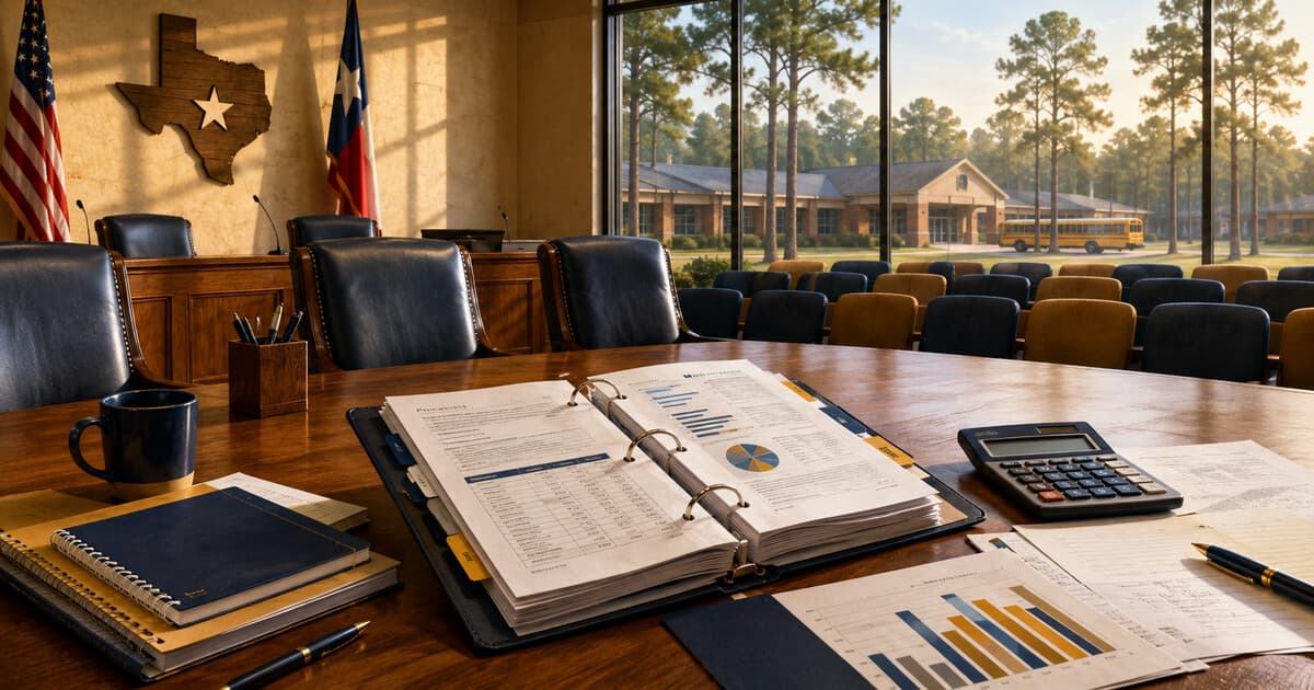 Original symbolic editorial illustration of an East Texas school-board room with a budget binder, calculator, public seating and a pine-lined school campus.