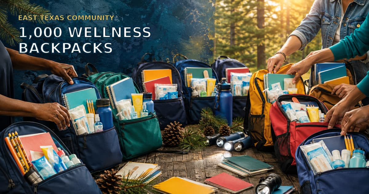 Original symbolic editorial illustration of volunteers packing colorful backpacks with school, hygiene and first-aid supplies beneath the words 1,000 Wellness Backpacks.