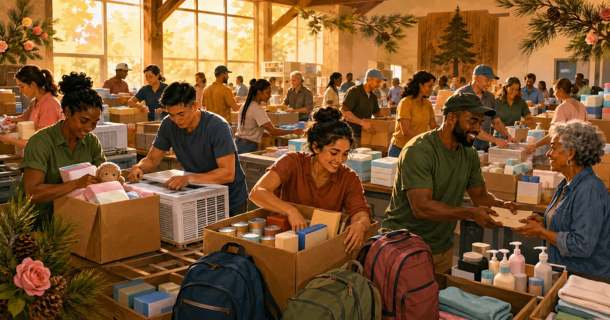 Original symbolic editorial illustration of anonymous East Texas volunteers packing unbranded cooling units, groceries, backpacks, baby supplies and hygiene kits in a community hall.