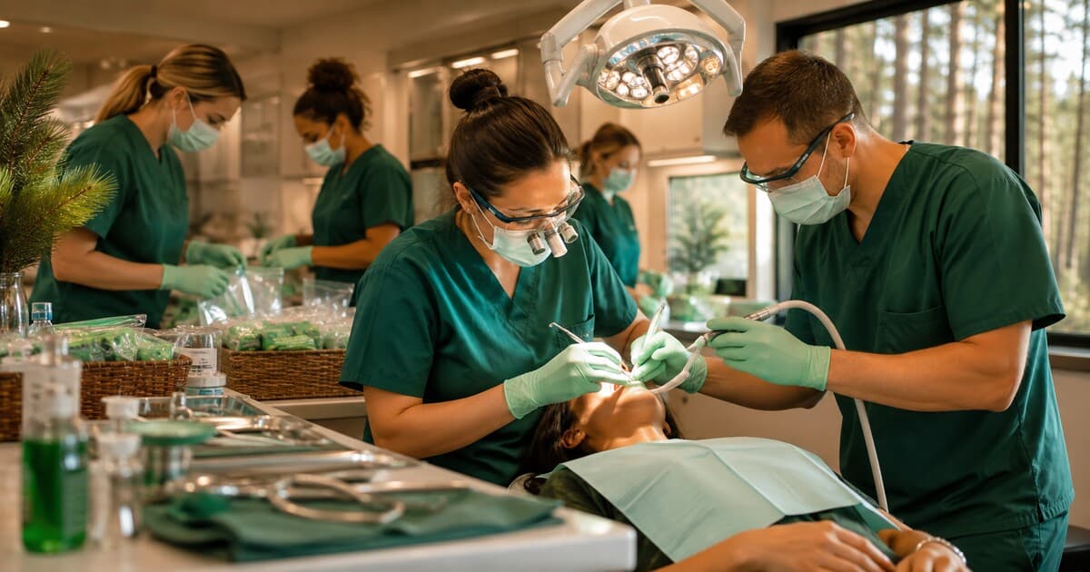 Original symbolic editorial illustration of anonymous dental volunteers providing care in a bright clinic while other volunteers prepare care supplies.