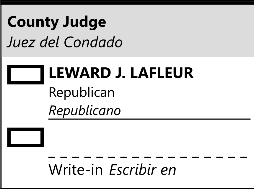 County Judge section from Marion County’s precincts 1 and 2 sample ballot, showing LaFleur and a blank write-in line.