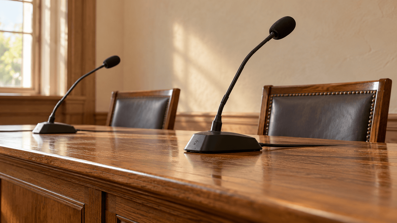Editorial illustration of two microphones and empty chairs at a wooden forum table.