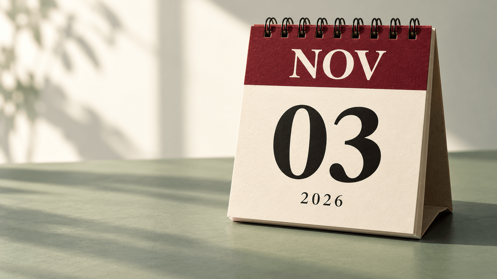 Editorial illustration of a burgundy desk calendar displaying November 3, 2026.