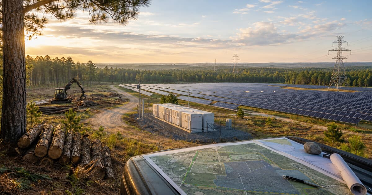 Original symbolic editorial illustration of a proposed solar array and battery facility across an East Texas timber landscape with a planning map in the foreground.