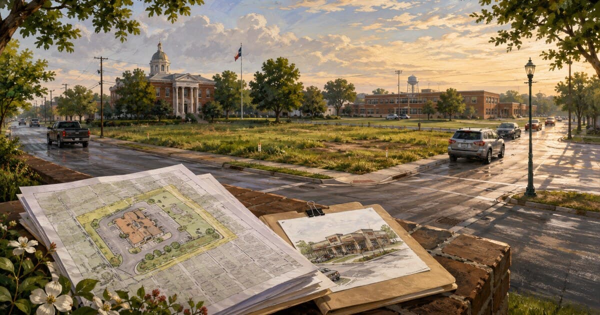 Original symbolic editorial illustration of an East Texas corner parcel, intersecting roads, municipal buildings and unmarked planning documents for a proposed drive-through rezoning.
