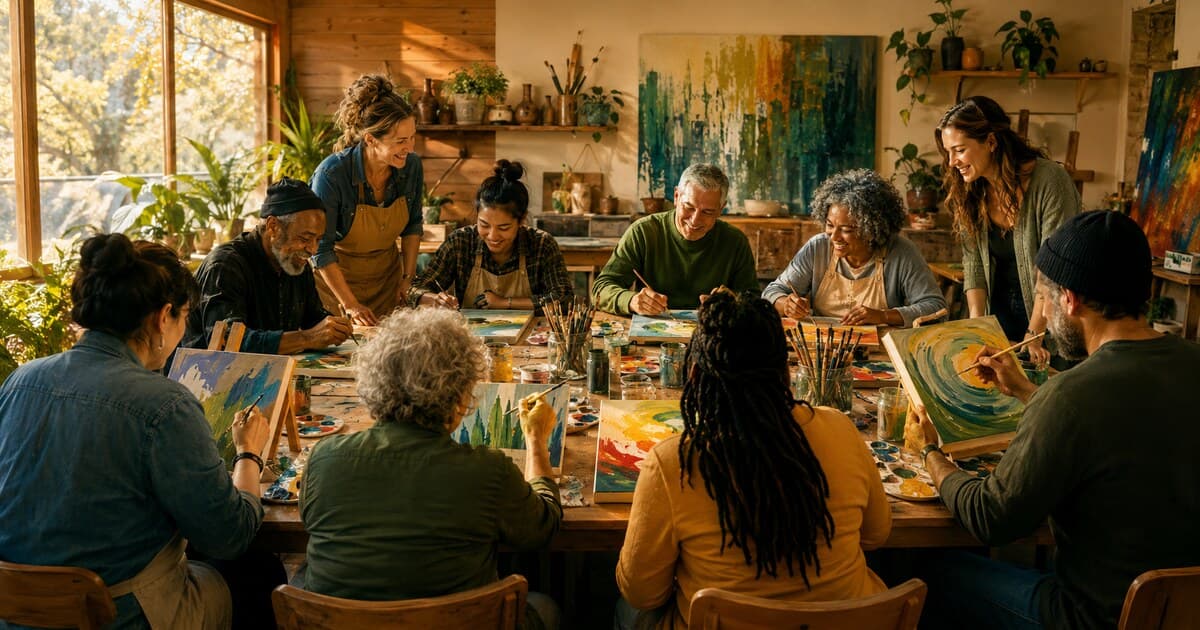 Original symbolic editorial illustration of anonymous East Texas adults and volunteer facilitators painting together around a bright community art table.