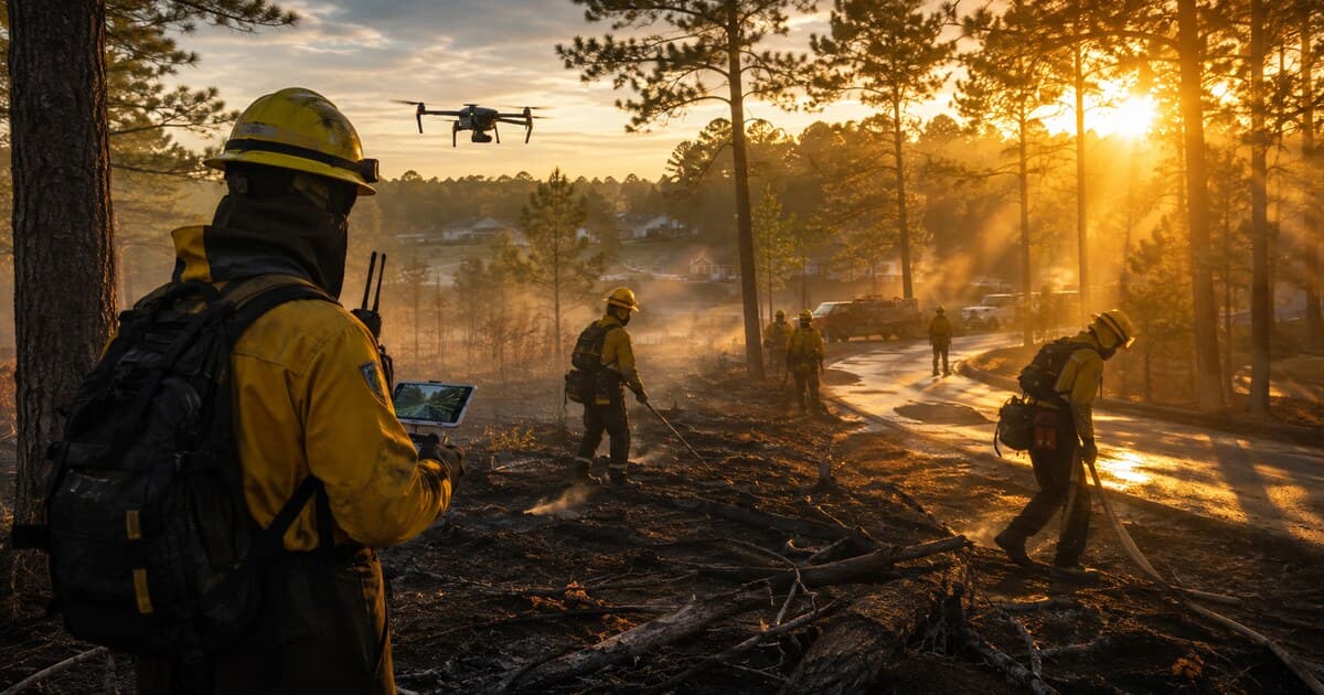 Original symbolic editorial illustration of anonymous East Texas wildfire crews checking a contained pine-forest fire line with hoses and a thermal drone.