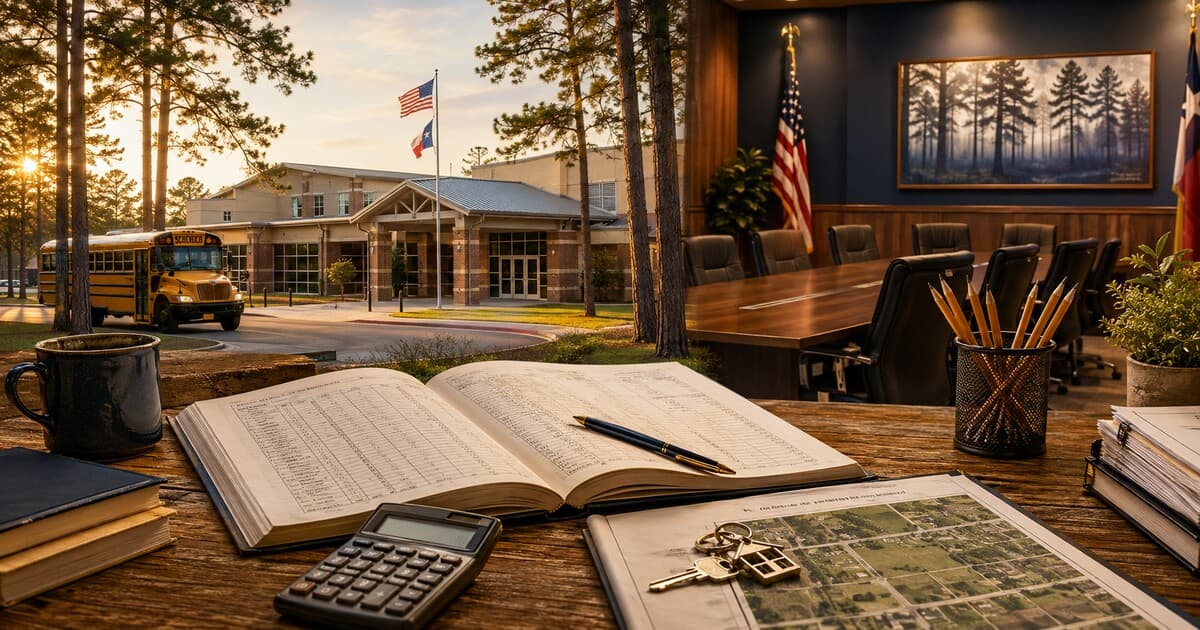 Original symbolic editorial illustration of an East Texas school campus, school boardroom, budget ledger, calculator and property appraisal materials.