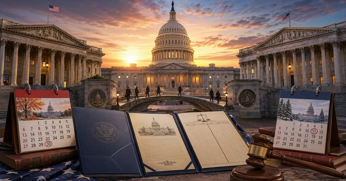 Original editorial illustration of the U.S. Capitol at dawn with a federal appropriations folder, a Sept. 30 deadline calendar and a Dec. 11 extension marker filling the frame.