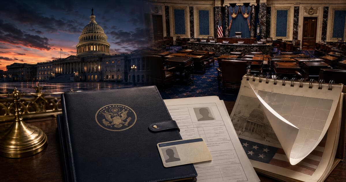 Original symbolic editorial illustration of an empty U.S. Senate chamber, the Capitol, a closed legislative folder, generic identification card and turning calendar.