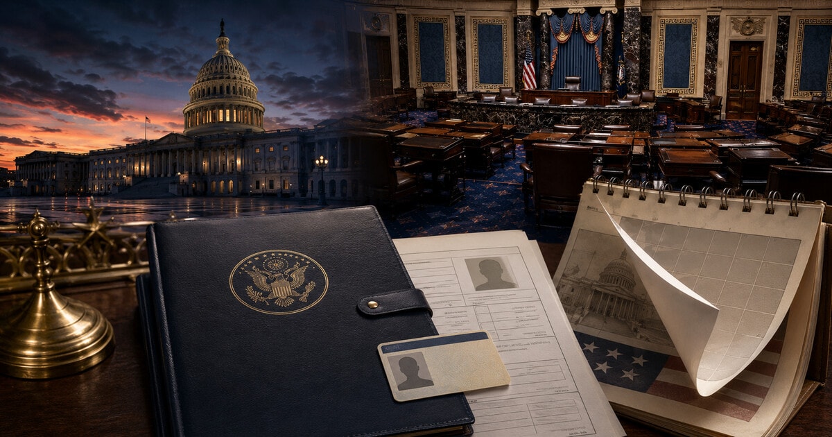 Original symbolic editorial illustration of an empty U.S. Senate chamber, the Capitol, a closed legislative folder, generic identification card and turning calendar.