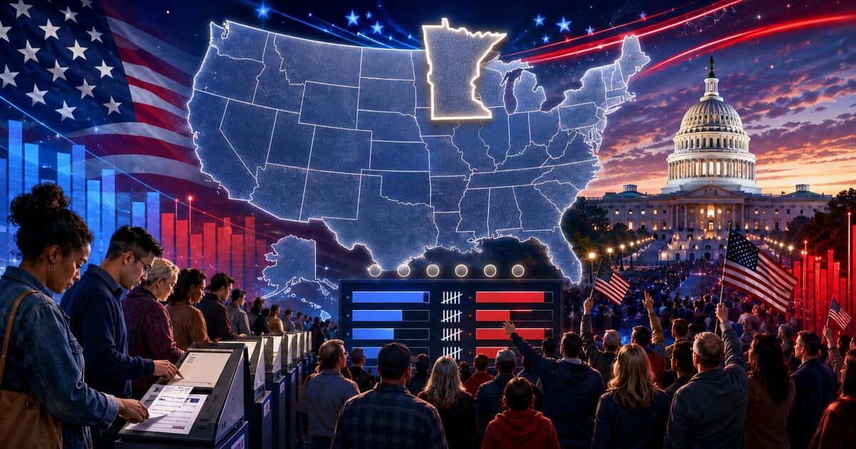 Original symbolic election-night editorial illustration with anonymous voters, ballot scanners, balanced red-and-blue results graphics, the U.S. Capitol and Minnesota highlighted on a national map.