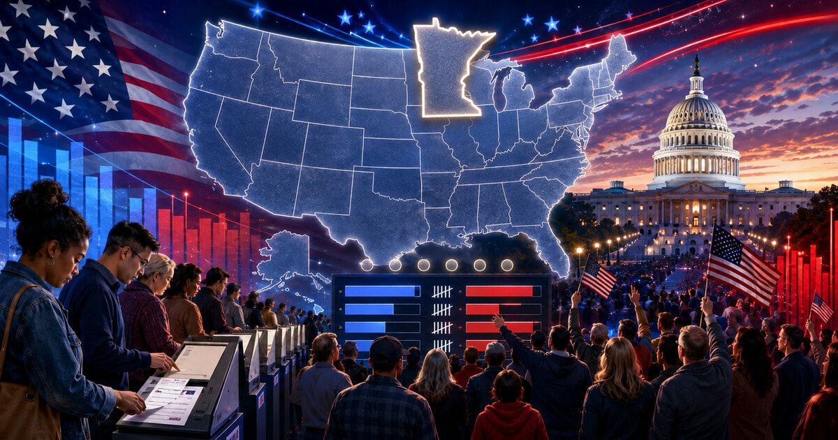 Original symbolic election-night editorial illustration with anonymous voters, ballot scanners, balanced red-and-blue results graphics, the U.S. Capitol and Minnesota highlighted on a national map.