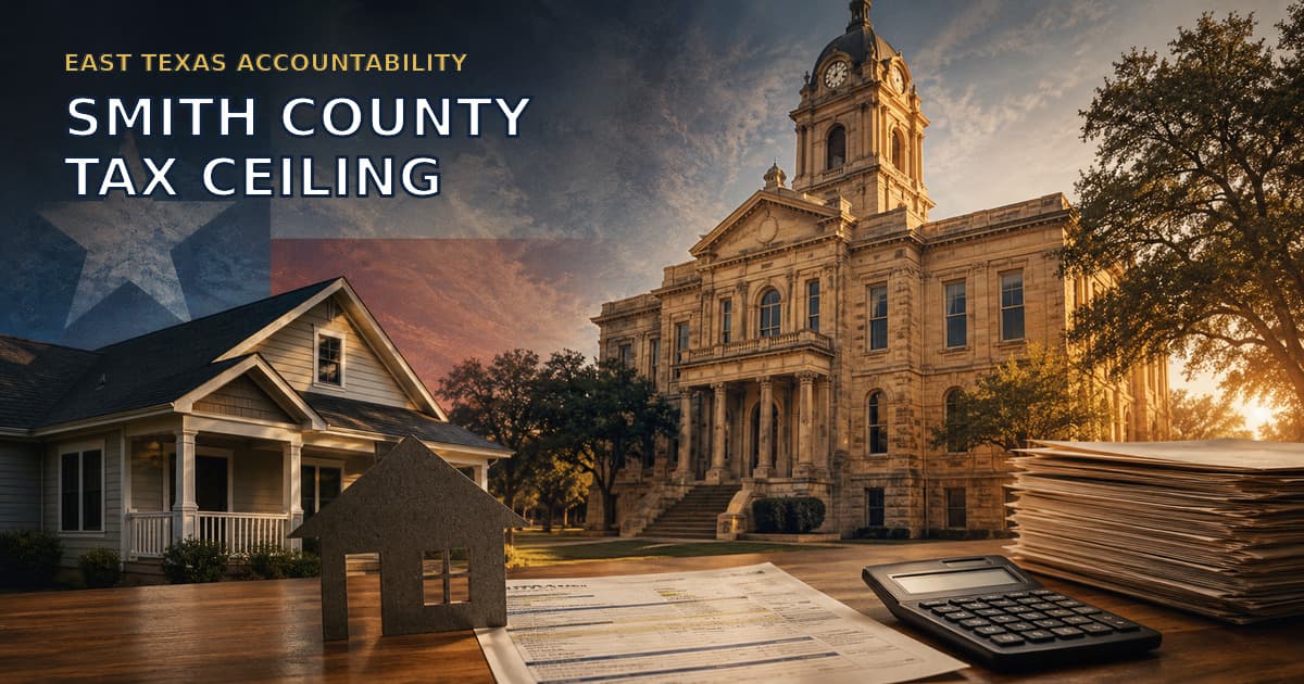 Original symbolic editorial illustration showing an East Texas courthouse, a home, tax documents and a calculator beneath the words Smith County Tax Ceiling.