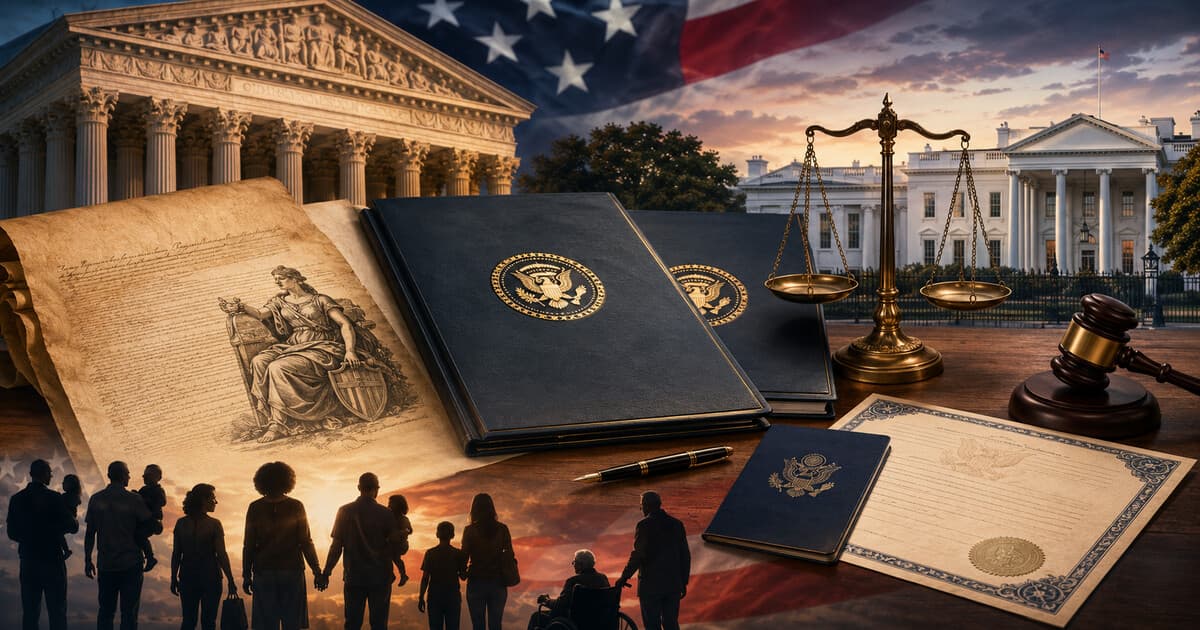 Original symbolic editorial illustration of the Constitution, two executive-order folders, the Supreme Court, White House, justice scales and anonymous American families.