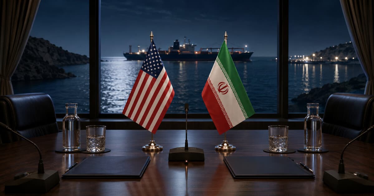 RepWatchr editorial illustration of an empty U.S.-Iran negotiating table, with both nations' flags and a commercial tanker beyond the windows.
