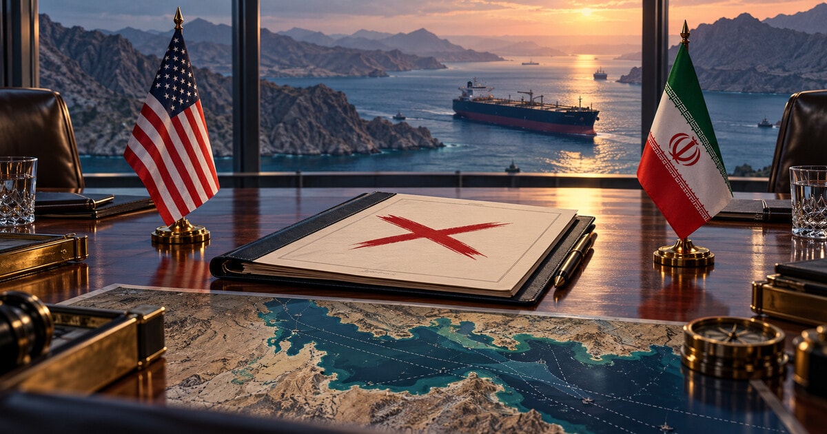 Original symbolic editorial illustration of United States and Iranian flags at an empty negotiating table with a tanker silhouette and a stylized Strait of Hormuz map.