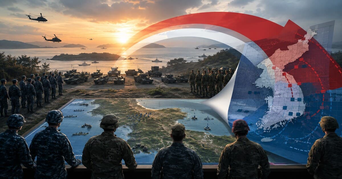 Original symbolic editorial illustration of anonymous U.S. and South Korean personnel studying a Korean Peninsula exercise map beneath a large reduction arc.