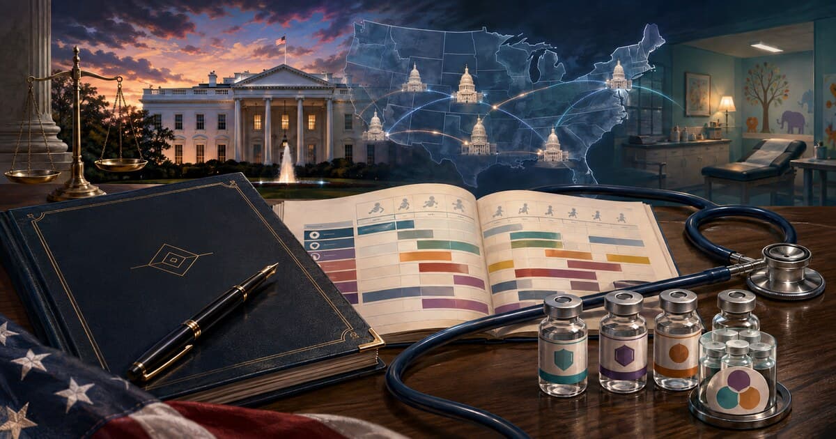 Original symbolic editorial illustration of a generic policy folder, abstract childhood immunization schedule, vaccine vials, stethoscope, White House and U.S. state map in a full-frame scene.